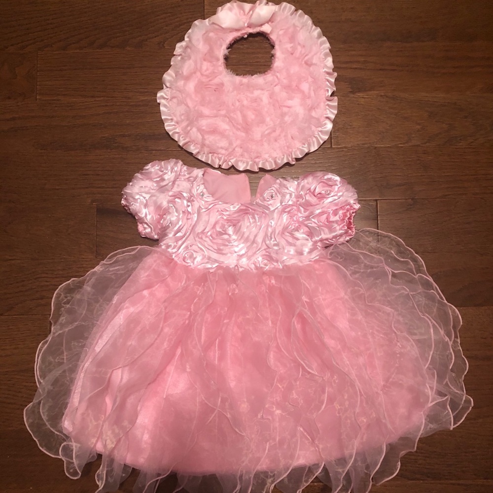 Custom Made Baby Girl Pink Formal Dress w. Bib